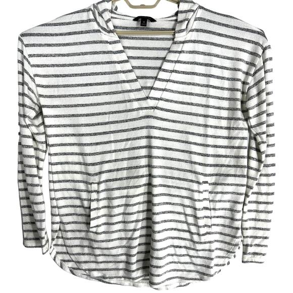 Banana Republic Hoodie Women Size M Gray White Striped Lightweight VNeck STAINS - Picture 1 of 10